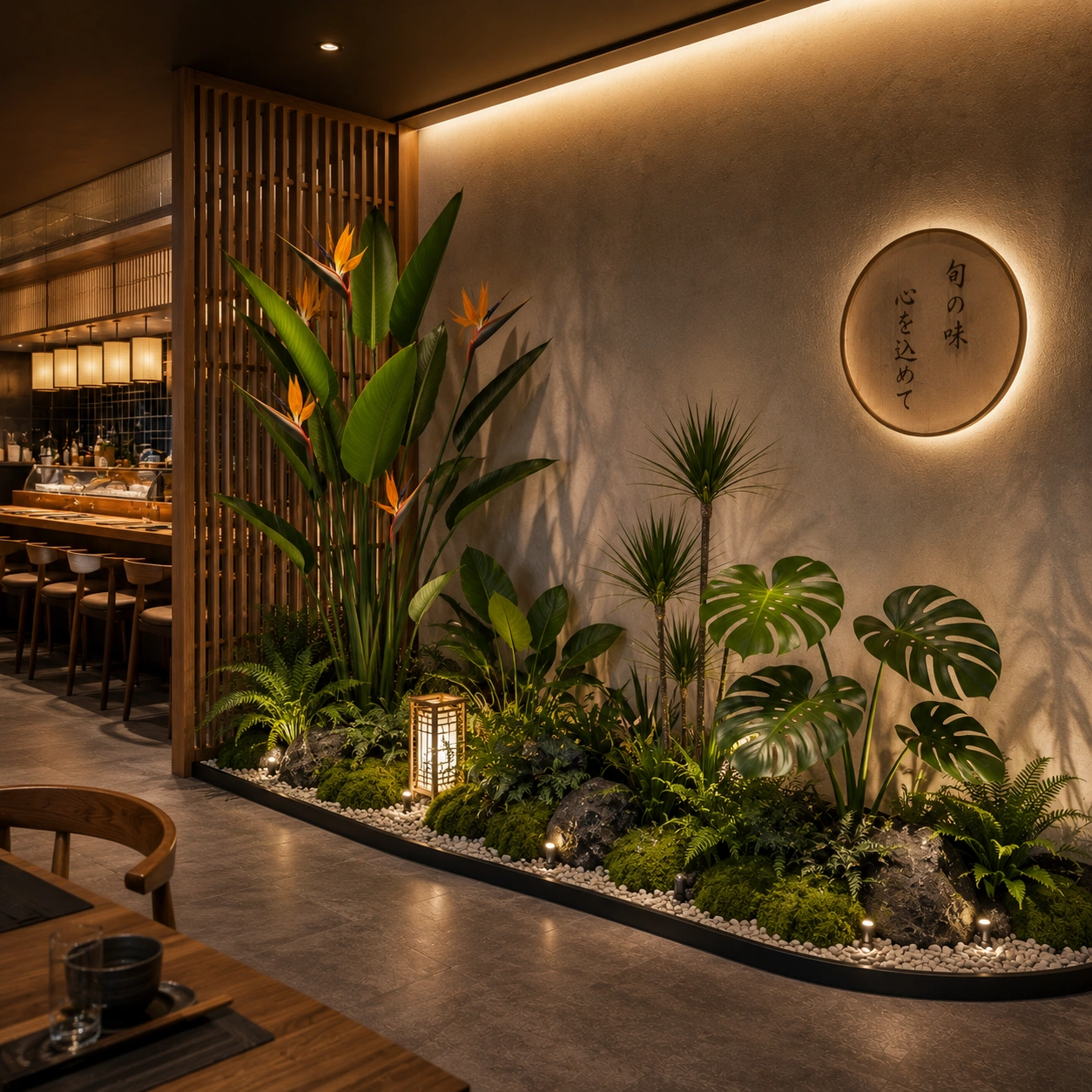 ไอเดียจัดสวนต้นไม้ปลอม สไตล์ Tropical ในร้านอาหาร พร้อม Bird of Paradise ปลอม Monstera ปลอม และเฟิร์นปลอม