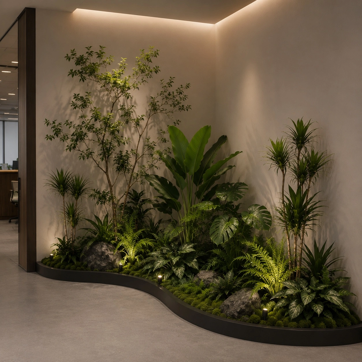 ไอเดียจัดมุมสวนต้นไม้ปลอมในออฟฟิศ ด้วยต้นไม้ปลอมขนาดใหญ่ Monstera ปลอม Dracaena ปลอม และเฟิร์นปลอม