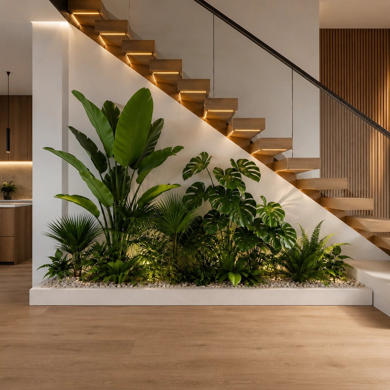 ไอเดียจัดสวนต้นไม้ปลอมใต้บันได ด้วย Bird of Paradise ปลอม Monstera ปลอม ปาล์มปลอม และเฟิร์น กรวดขาว สไตล์โมเดิร์น