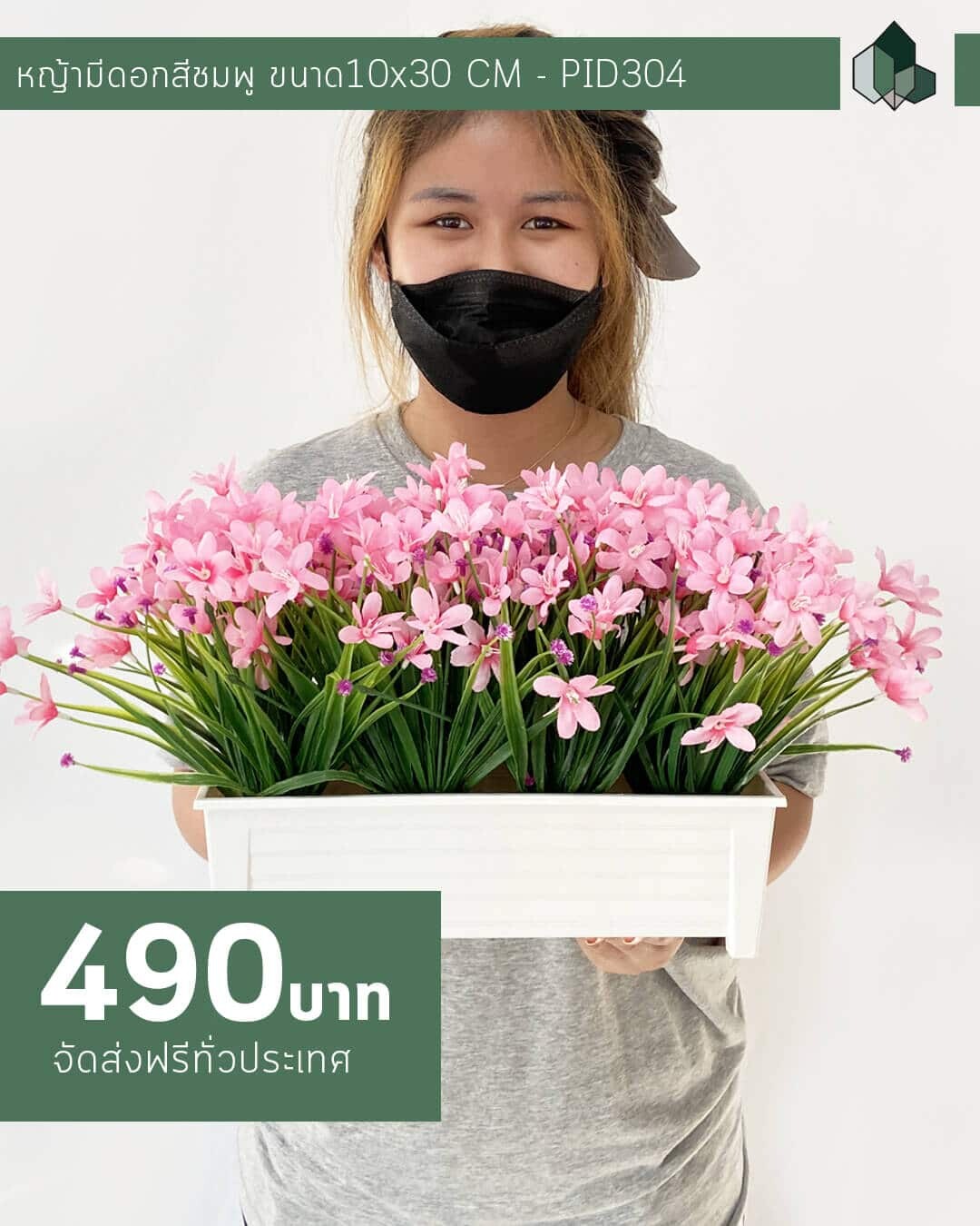 ต้นหญ้ามีดอกปลอม สีชมพู กระถางยาว 30 cm สูง 30 cm