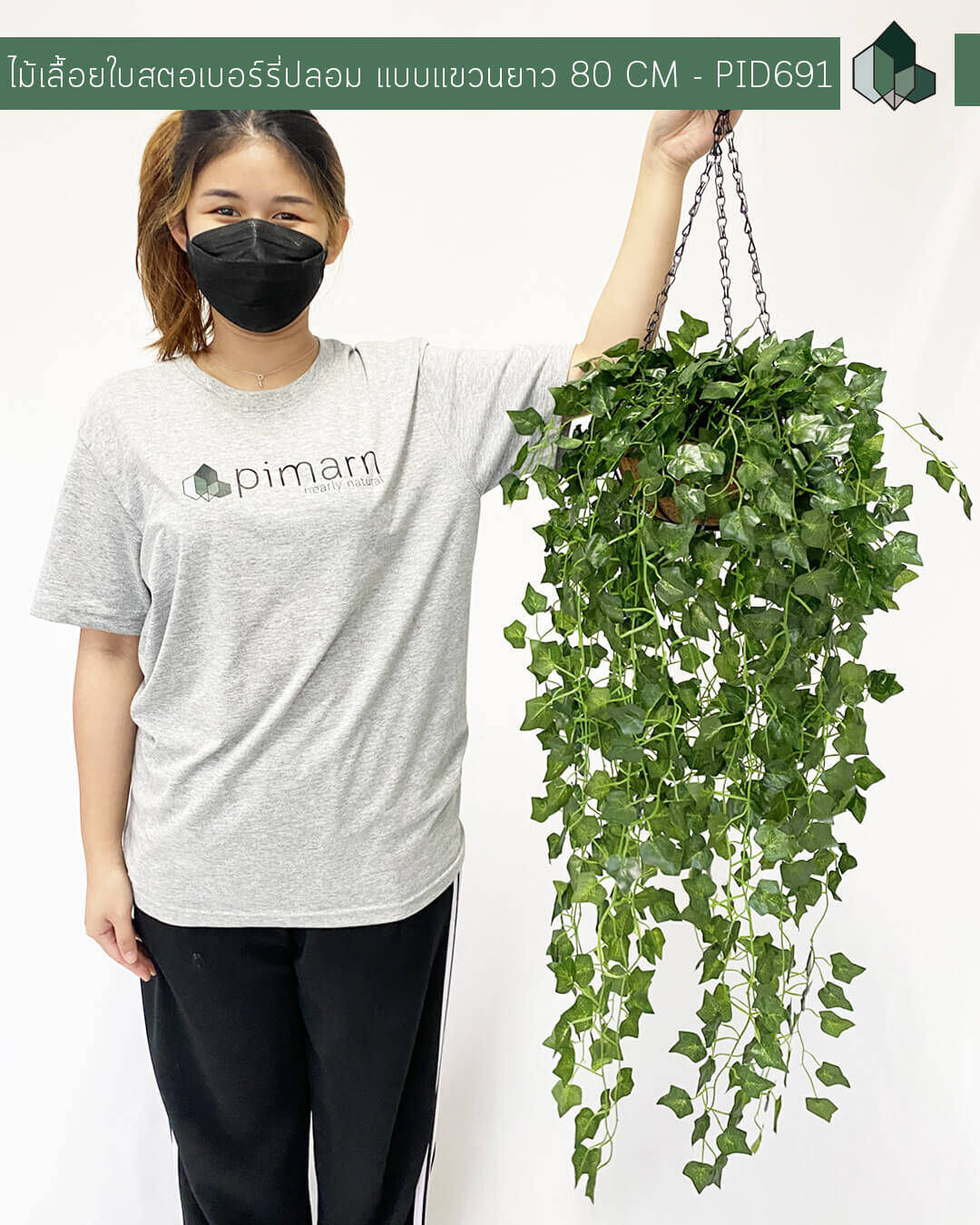 ไม้เลื้อยใบสตอเบอร์รี่ปลอม 80 CM แบบแขวน พร้อมมกระถางใยมะพร้าว