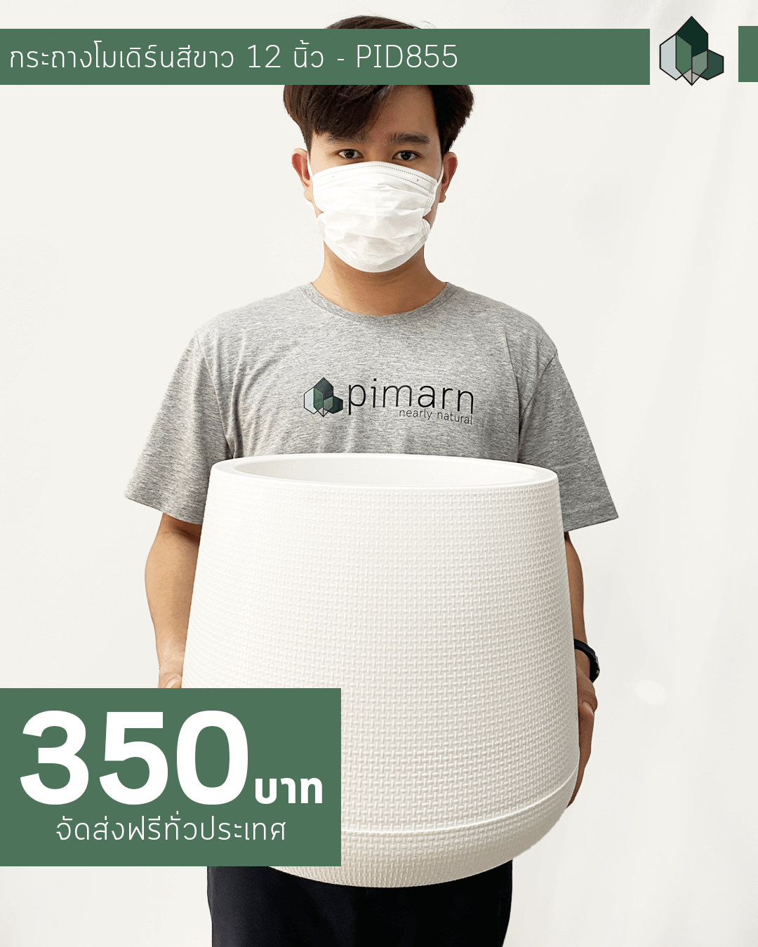 กระถางต้นไม้พลาสติก สไตล์โมเดิร์น 12 นิ้ว สีขาว